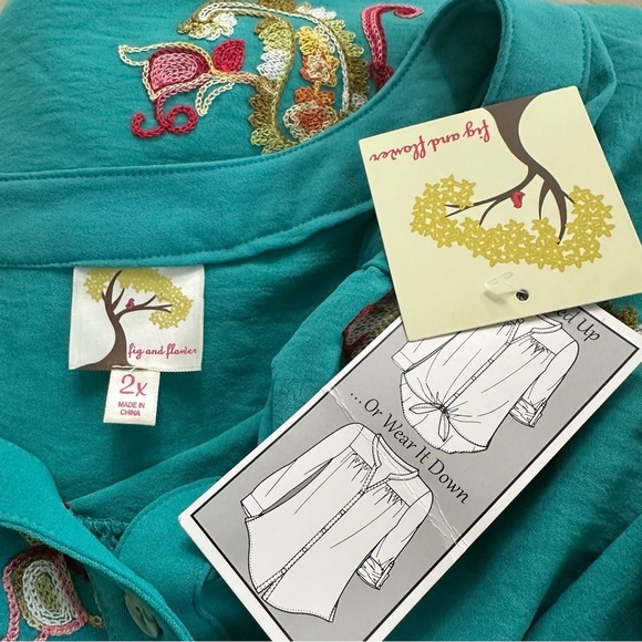 Anthropologie Fig Flower Turquoise Embroidered Top SZ 3X Peasant Button Up NWT - Picture 2 of 11